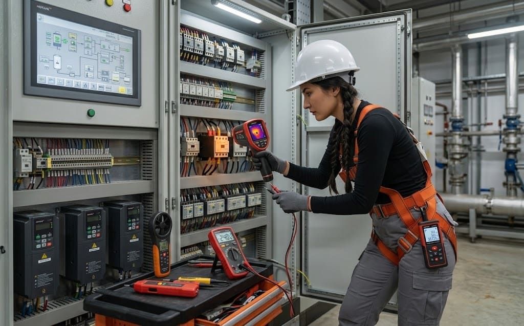 Technician troubleshooting a wiring system