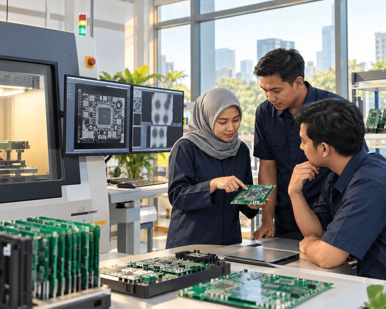 SEAMARK X-Ray Indonesia engineering team reviewing PCBA X-Ray inspection results for industrial quality control